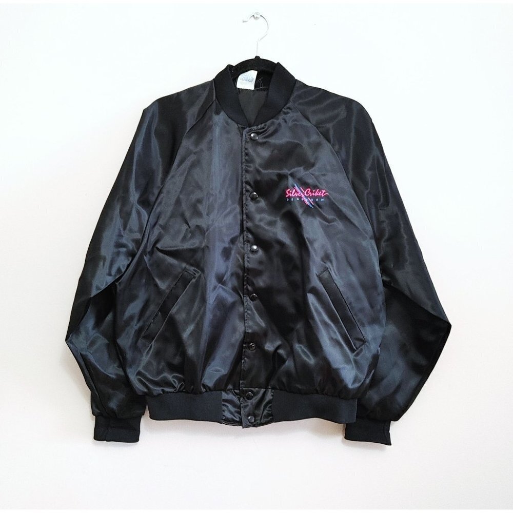 Vintage  Silver Criket Dearborn 80s Satin Nylon Bomber Jacket Size Large Snap